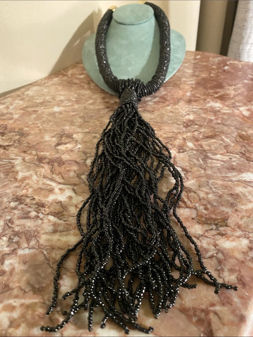 Black Beaded Tassel Statement Necklace Long Fringe Gold Tone